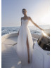 Beaded Ivory Ruched Tulle Glitter Slit Beach Wedding Dress